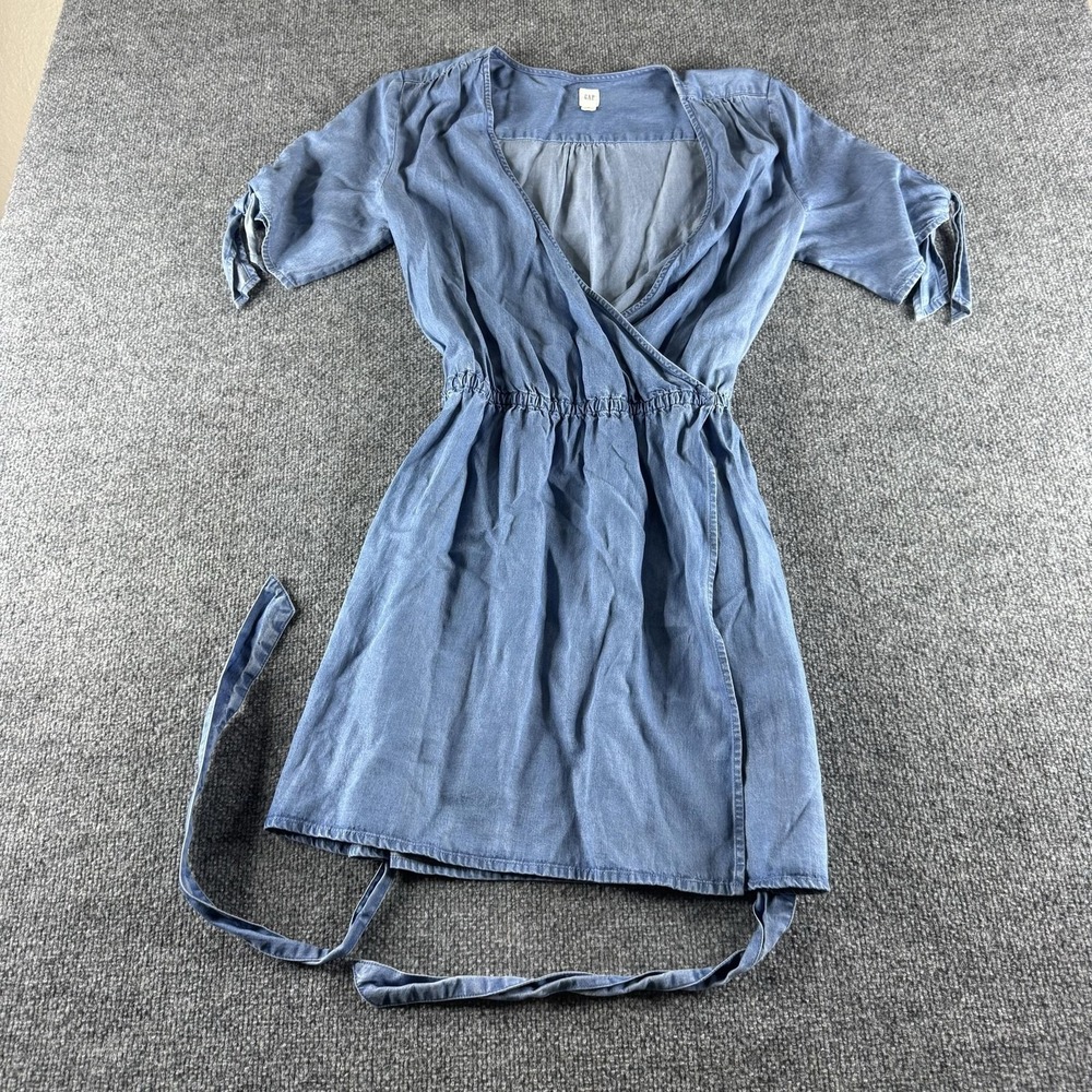 GAP Dress Womens M Blue Chambray Wrap Belted V Neck 3/4 Sleeve Short Tie